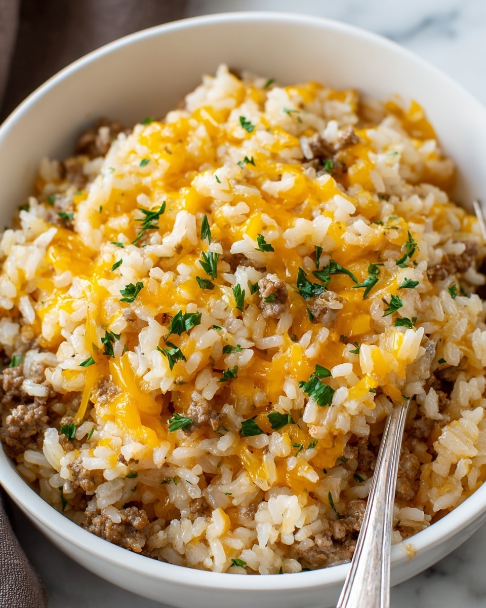 A close-up view of a white bowl filled with a single-layer dish of cooked white rice mixed with small ground beef pieces, topped with melted yellow cheddar cheese that is slightly gooey and scattered evenly, garnished with small green parsley leaves. The texture shows fluffy rice grains combined with crumbly meat bits and softened cheese. A silver fork is partially visible on the right side inside the bowl, which sits on a white marbled surface. Photo taken with an iphone --ar 4:5 --v 7