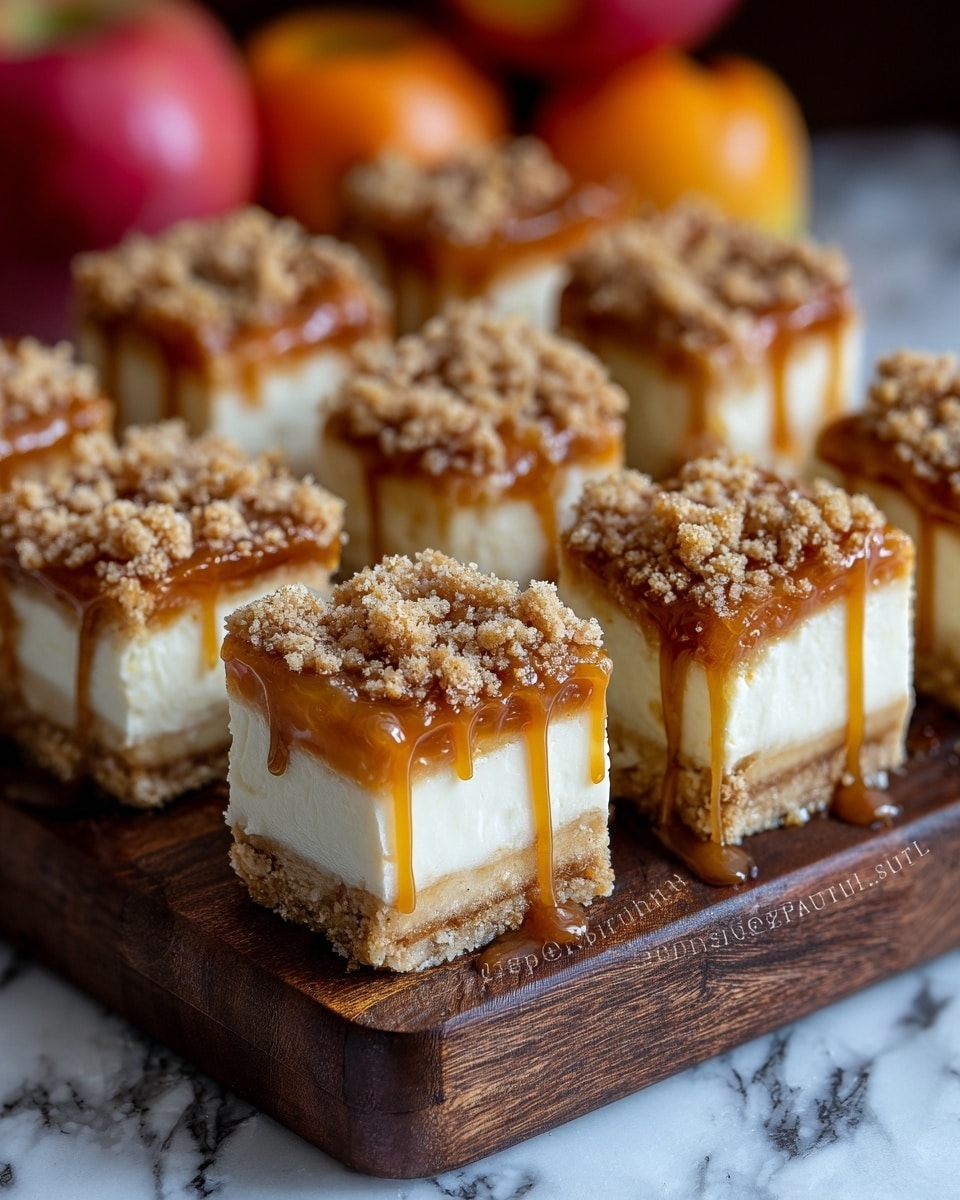 The image shows six square dessert bars arranged in two rows on a dark wooden board. Each bar has three layers: a thick, light golden crumbly base, a smooth creamy white middle layer, and a top layer of carmel-colored sauce drizzled with a generous amount of fine, light brown crumb topping with a slightly grainy texture. The caramel sauce slightly drips down the sides of the bars. The background is softly blurred with red and orange fruits, and the surface is a white marbled texture. photo taken with an iphone --ar 4:5 --v 7