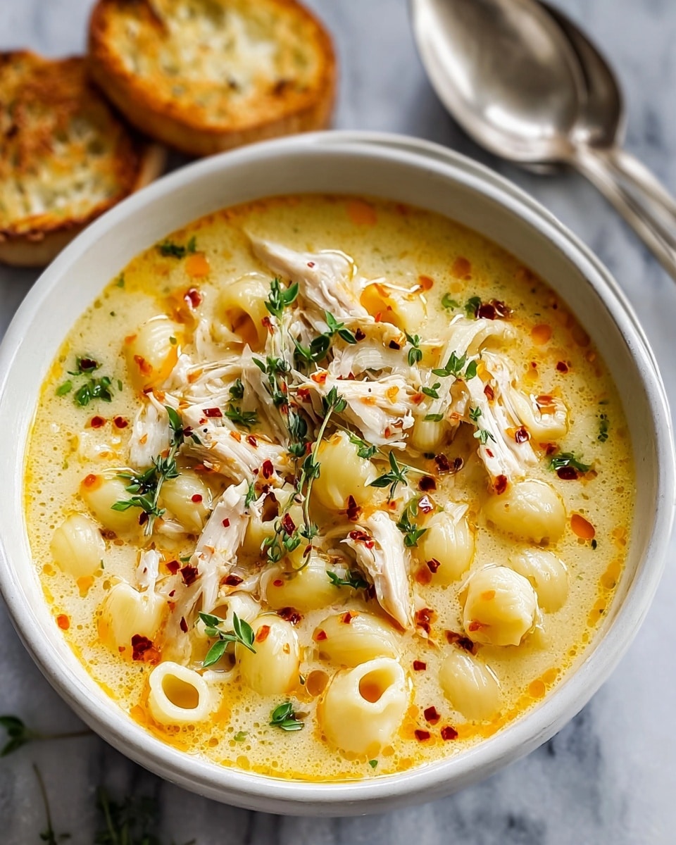A white bowl filled with creamy yellow soup containing small curved pasta pieces and shredded white chicken layered throughout. On top, there are green herb sprigs, red chili flakes, and a drizzle of orange oil, giving texture and color contrast. In the background, two toasted bread halves and two silver spoons rest on a white marbled surface. The overall look is warm and inviting with a rich, smooth texture. photo taken with an iphone --ar 4:5 --v 7