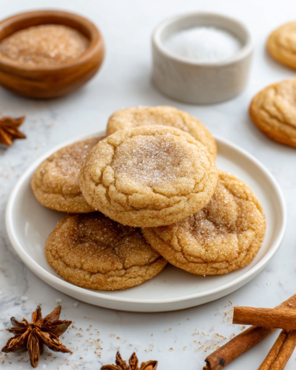 A white plate holds a small pile of five round cookies, each with a golden-brown color and slightly cracked soft surfaces. The cookies look chewy, with a light dusting of sugar giving a shimmer on top. The plate sits on a white marbled surface with cinnamon sticks, star anise, and a bowl of white sugar nearby, adding a warm and cozy feeling to the scene. Photo taken with an iphone --ar 4:5 --v 7