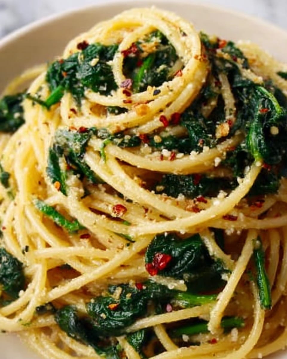 The dish shows a close-up of spaghetti pasta mixed with cooked dark green spinach leaves, scattered with small red chili flakes and light brown toasted garlic bits. The creamy sauce coats the spaghetti, giving it a glossy texture while the spinach adds color contrast. The spaghetti strands are twirled together, creating a layered look with visible seasoning on top and throughout. The image is set against a white marbled background, highlighting the colors of the food. Photo taken with an iphone --ar 4:5 --v 7