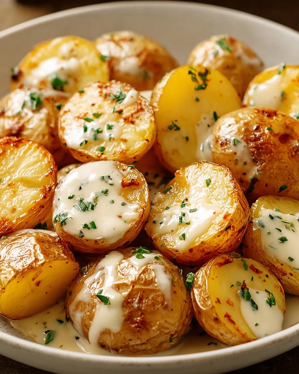 The image shows a bowl filled with about 15 pieces of halved baby potatoes, each with a light brown skin and creamy yellow inside. The potatoes are covered with a smooth, melted golden-brown cheese sauce that has small browned spots from broiling. Scattered finely chopped green herbs add a fresh touch on top. The bowl is white with a smooth texture, and the background is a white marbled surface. Photo taken with an iphone --ar 4:5 --v 7