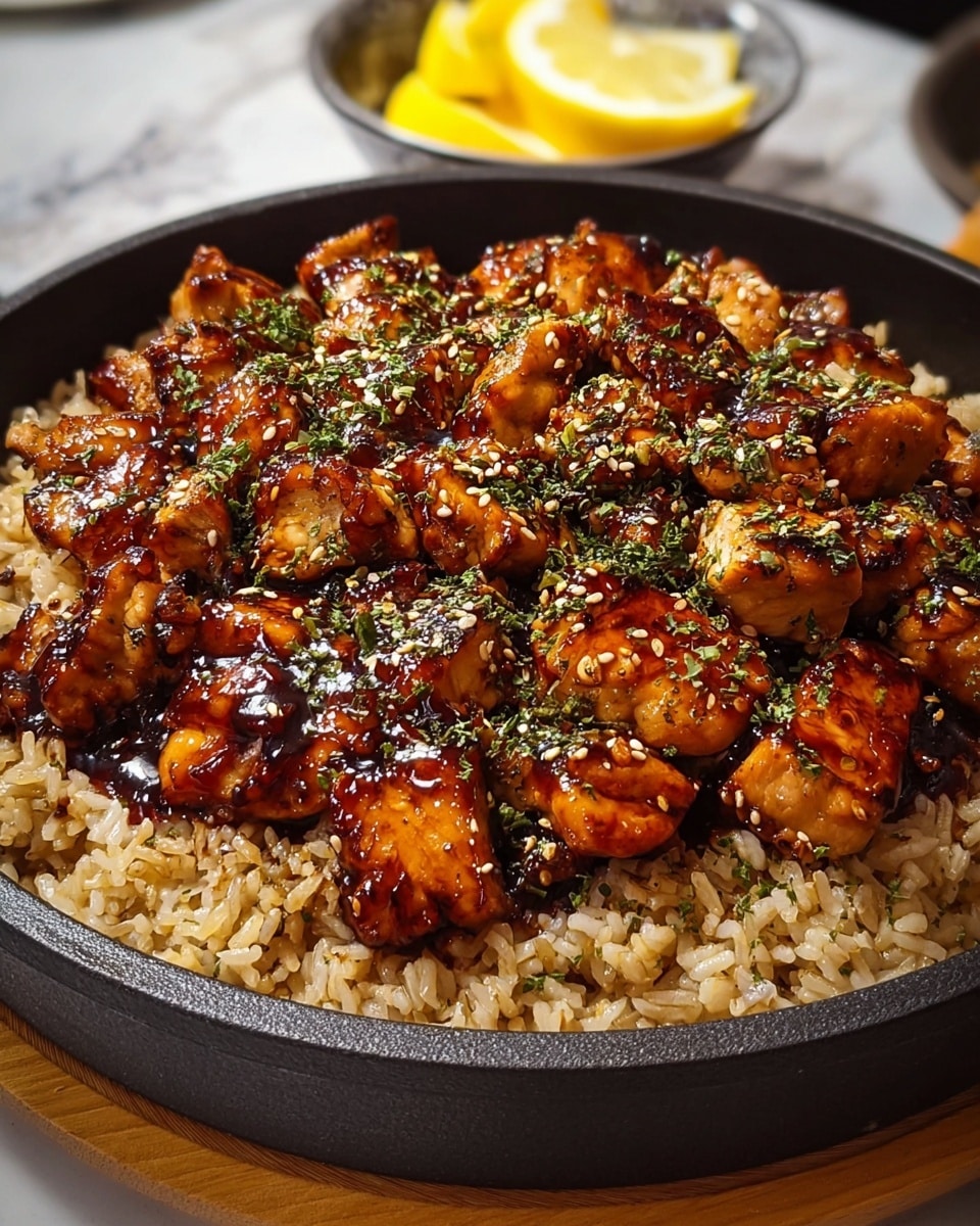 A round black pan filled with two layers of food on a white marbled surface; the bottom layer is light brown cooked rice with visible grains, and the top layer is glazed, grilled chicken pieces in a rich dark brown shiny sauce with a slightly charred texture. The chicken is cut into bite-sized chunks spread evenly over the rice and topped with small green chopped herbs and a sprinkling of sesame seeds. A blurred bowl with yellow lemon wedges is visible in the background. Photo taken with an iphone --ar 4:5 --v 7