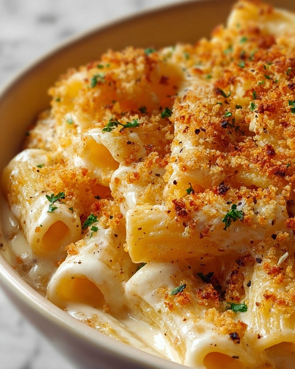 A close-up of creamy baked pasta in a white bowl shows three layers: the bottom layer of smooth, cheesy white sauce, the middle layer of rigatoni pasta with a pale yellow color and slight ridges, and the top layer of golden-brown toasted breadcrumbs sprinkled evenly with small bits of green herbs. The sauce partially fills the pasta tubes, and the texture is rich and glossy with subtle black pepper specks. The background is a white marbled texture. Photo taken with an iphone --ar 4:5 --v 7