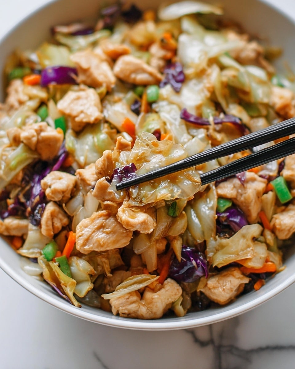 The image shows a close-up of a stir-fry dish in a white bowl, filled with small pieces of cooked chicken that are light brown with a juicy texture. Mixed with the chicken are pieces of cabbage that are pale green and slightly translucent, along with small chunks of purple cabbage adding a pop of color. There are also bits of green onion and tiny orange carrot pieces scattered throughout. The stir-fry looks moist and well-cooked, with chopsticks holding a portion on the right side. The bowl is set on a white marbled surface. photo taken with an iphone --ar 4:5 --v 7