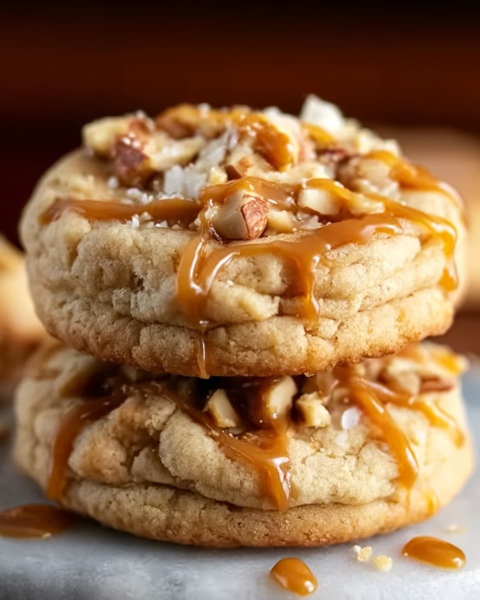 The image shows a close-up of two stacked cookies with a light golden-brown color and a soft, slightly cracked texture, placed on a white marbled surface. Each cookie is topped with small pieces of light tan nuts that add a crunchy texture. A glossy, caramel-colored sauce is drizzled over the nuts and cookies, creating thin, shiny lines that catch the light. The background is softly blurred with warm, dark tones, making the cookies the clear focus. photo taken with an iphone --ar 4:5 --v 7