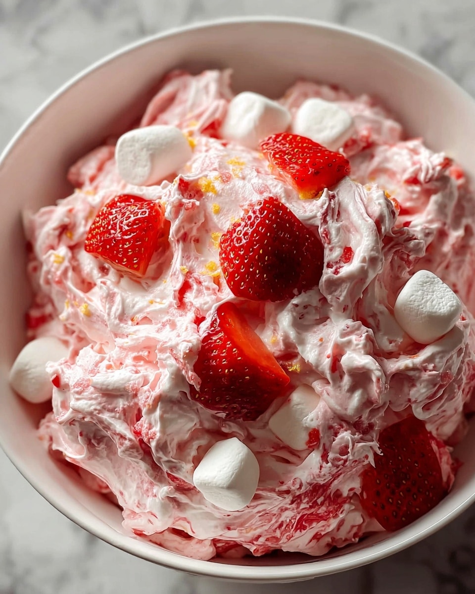 A white bowl filled with a fluffy mixture of whipped cream and bright red strawberry pieces, creating a swirled pink and white texture throughout. Visible chunks of fresh strawberries sit on top and within the creamy mix, adding bold red color with small yellow seeds. Scattered white fluffy marshmallows are mixed in, adding contrast to the soft creamy pink base. The bowl rests on a white marbled surface, giving a clean and fresh look. photo taken with an iphone --ar 4:5 --v 7