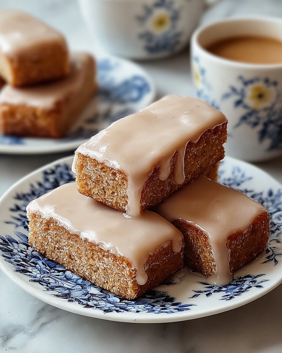 Four rectangular brown cakes are stacked in a pyramid on a white plate with blue floral patterns. Each cake is covered with a smooth, shiny light beige glaze that gently drips down the sides. The cakes have a slightly crumbly texture visible beneath the glaze. In the background, there is a white cup with a light brown liquid and another stack of similar cakes on a white plate with blue patterns. The setting is on a white marbled surface. photo taken with an iphone --ar 4:5 --v 7