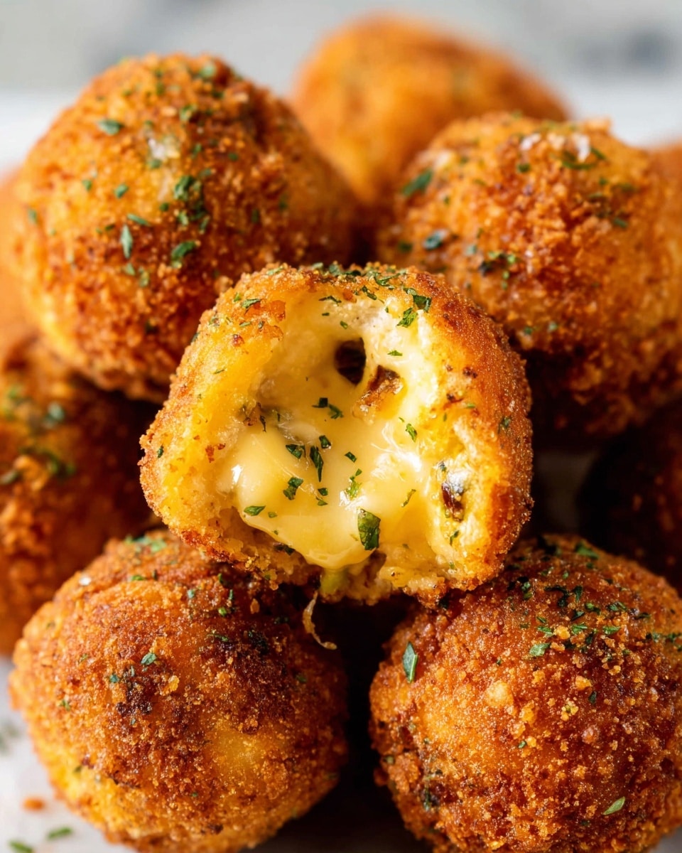 A close-up view of several round, golden brown fried balls with a rough, crispy texture on the outside, sprinkled with small green herb bits. One ball is bitten open, showing a creamy, cheesy yellow interior with small bits of green and darker spots inside, indicating mixed ingredients. The balls are grouped closely together on a white marbled surface, with the focus on the exposed cheesy inside of the bitten ball. Photo taken with an iphone --ar 4:5 --v 7