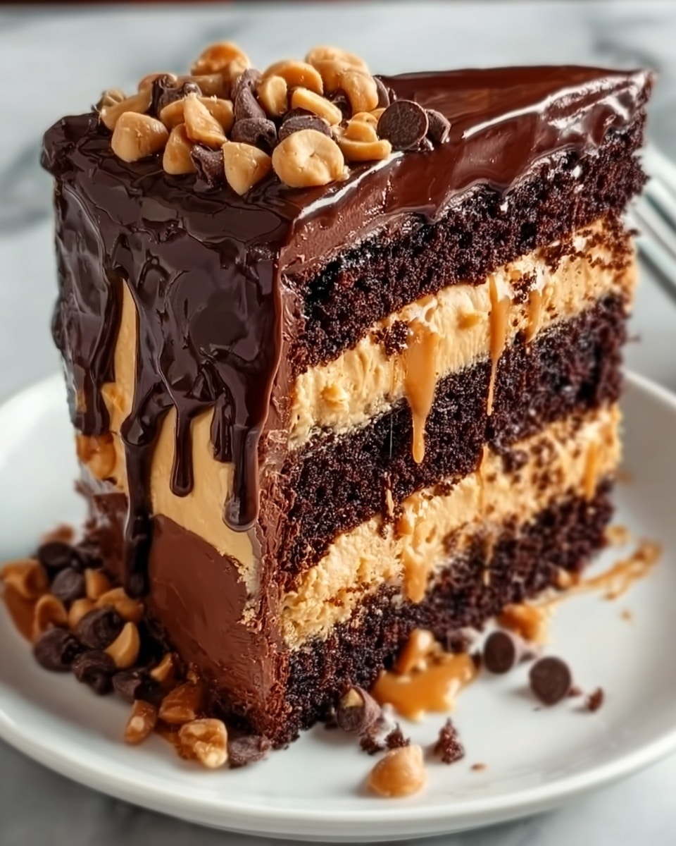 A tall slice of chocolate cake with four distinct layers is shown on a white plate, placed on a white marbled surface. The layers alternate between dark brown, moist chocolate cake and light brown creamy peanut butter filling. The top of the cake is covered with thick, shiny dark chocolate ganache that drips down the sides. Small clusters of peanuts and chocolate chips are scattered on the top, adding texture. The cake looks rich and indulgent with a mix of smooth, creamy, and crunchy textures. Photo taken with an iphone --ar 4:5 --v 7