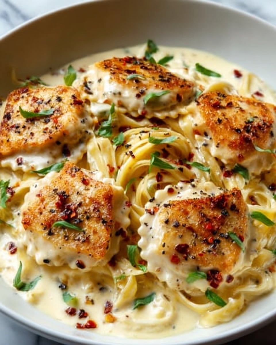 The image shows a creamy pasta dish with large ravioli pieces placed evenly over a bed of linguine noodles. The ravioli have a golden-brown, slightly crispy top with specks of black pepper and red chili flakes, giving a toasted texture. The creamy white sauce surrounds the pasta, dotted with small green herb leaves, adding a fresh touch. The dish is presented on a white plate sitting on a white marbled surface. Photo taken with an iphone --ar 4:5 --v 7
