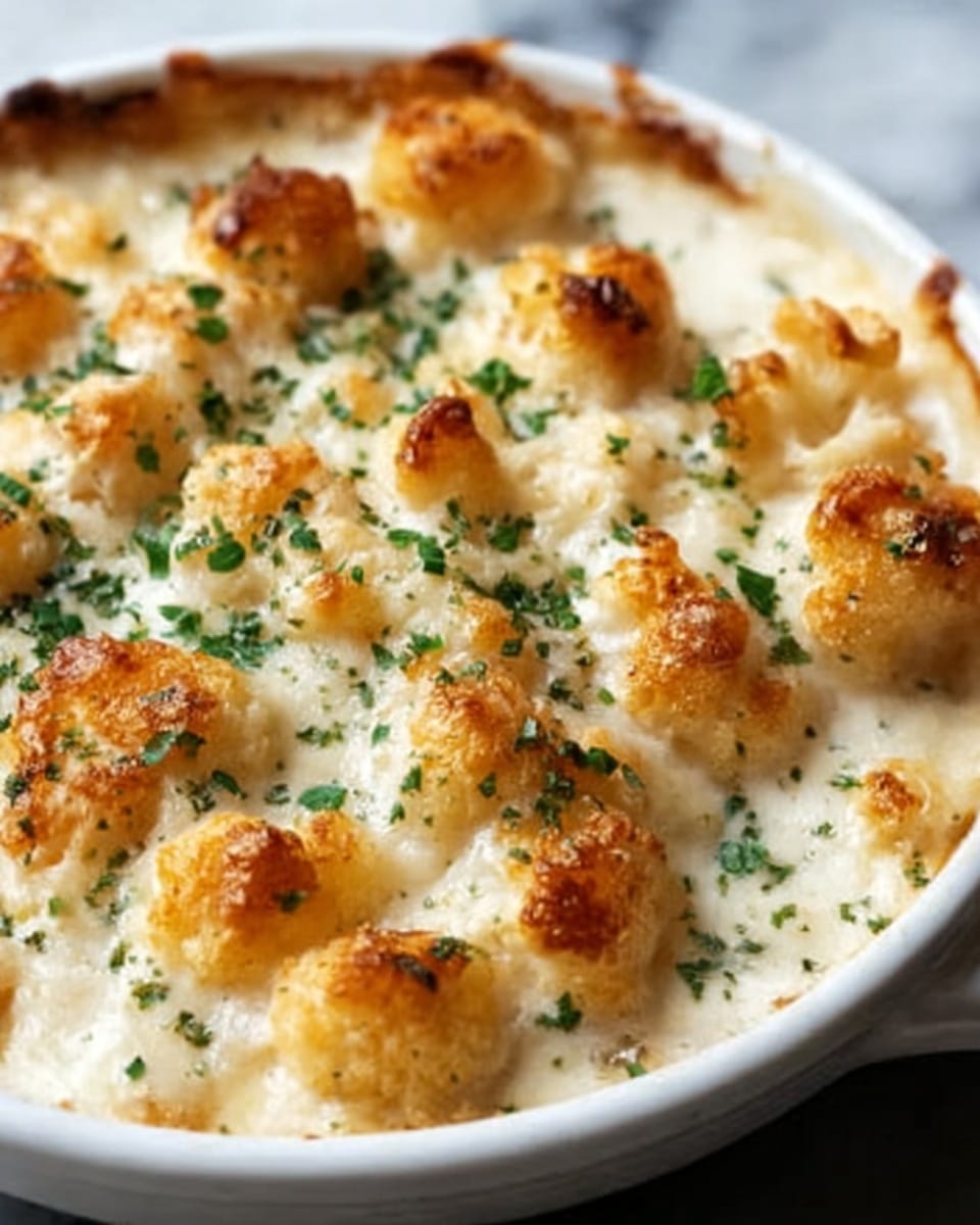 A close-up of a white bowl filled with creamy cauliflower gratin, showing many small golden-brown roasted cauliflower pieces on top. Below the crispy layer is a smooth, white cheese sauce with a slightly thick texture. The dish is sprinkled evenly with finely chopped green herbs. The edges of the bowl show a bit of browned cheese crust. The bowl is placed on a white marbled surface. Photo taken with an iphone --ar 4:5 --v 7