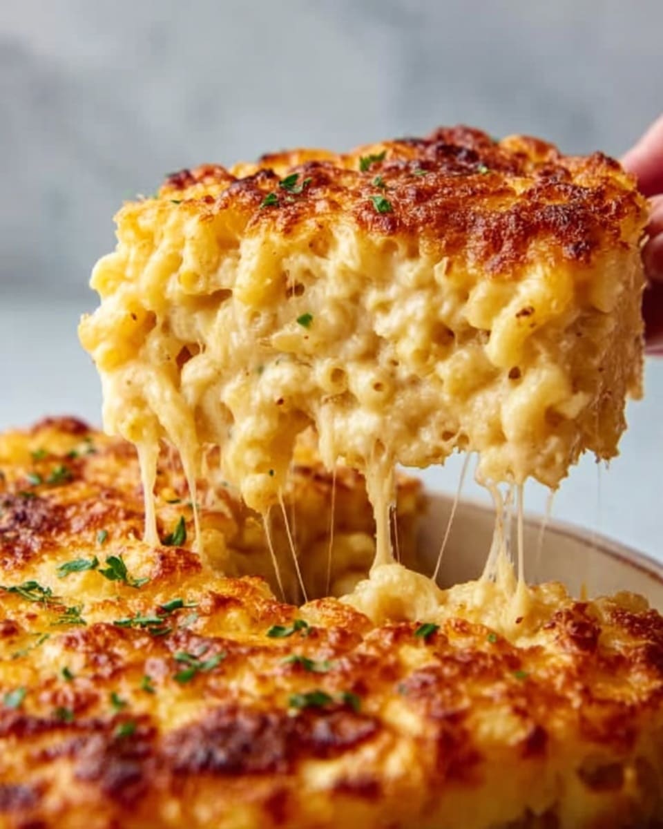 The image shows a close-up of a golden brown baked macaroni and cheese being lifted, with stretchy melted cheese strings visible between the lifted piece and the rest of the dish. The top layer is crispy and browned, while underneath it is a creamy, pale yellow macaroni pasta mixture with a smooth texture. Small flecks of green herbs are sprinkled on the surface, adding a bit of color contrast. The dish is in a white plate, set on a white marbled texture surface. A woman's hand is lifting the piece, holding it delicately. Photo taken with an iphone --ar 4:5 --v 7