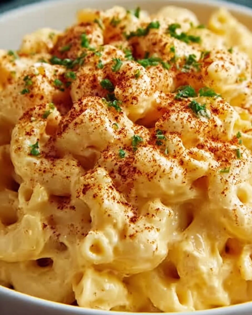 A close-up image of creamy macaroni and cheese served in a white bowl. The macaroni is coated in smooth, rich yellow cheese sauce, with elbow pasta tubes visible and stacked closely together. The top layer is sprinkled with finely chopped green herbs and a light dusting of reddish-brown paprika, adding color contrast. The texture of the cheese looks thick and silky, and the dish fills the bowl up to the rim. Photo taken with an iphone --ar 4:5 --v 7
