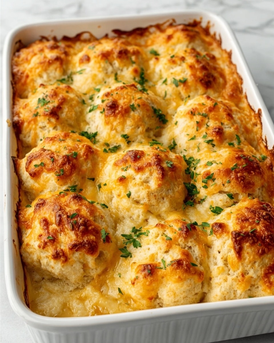 The image shows a white rectangular baking dish filled with golden brown, baked biscuits that look soft and fluffy. The biscuits are slightly uneven in shape, with a crispy, browned top layer covered in melted cheese and small green parsley bits sprinkled over the surface. The biscuits are placed closely together, filling the dish completely. The dish is set on a white marbled textured surface. photo taken with an iphone --ar 4:5 --v 7