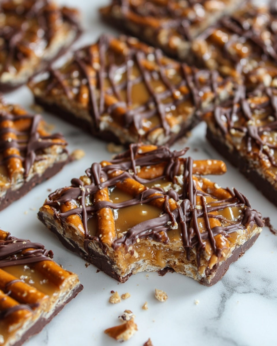 The image shows several square pieces of a snack bar on a white marbled surface, each piece made up of three layers. The bottom layer is a thin, dark chocolate base with a rough texture and a few small crumbs scattered around. The middle layer contains broken pretzel sticks and a golden caramel layer drizzled all over, giving a shiny and sticky look. The top layer is a dark chocolate drizzle pattern that crisscrosses over the caramel, adding texture and color contrast. One piece at the center has a bite taken out of it, showing the three layers clearly. Photo taken with an iphone --ar 4:5 --v 7