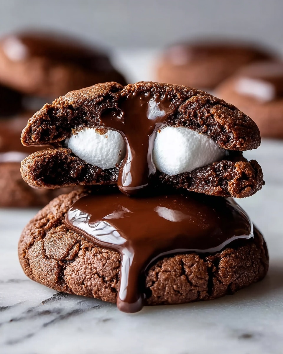 The image shows two thick chocolate cookies stacked on a white marbled surface. The bottom cookie is whole, with a cracked, textured brown surface, covered by a glossy, dark chocolate layer that drips down its side. On top, the second cookie is cut in half, revealing a soft white marshmallow layer inside, sandwiched between the dark brown cookie base and a shiny chocolate topping that slickly covers and drips over the edges. The background is softly blurred with more chocolate cookies. Photo taken with an iphone --ar 4:5 --v 7