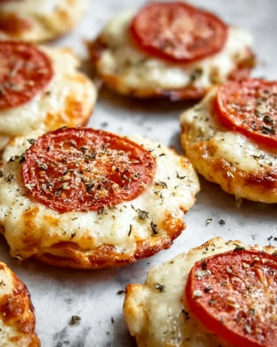 The image shows small round mini pizzas arranged closely on a white marbled surface, each with a golden brown crust that looks crispy and slightly puffy. On top of each crust is a layer of melted cheese that appears gooey and creamy white, with some light browning. Each mini pizza is topped with a single, thick, round slice of red tomato with a glossy, smooth texture, sprinkled lightly with black pepper and dried herbs. The edges of the crust are uneven and rustic. The lighting highlights the shiny tomato and the cheese’s melted texture, creating a warm, inviting appearance. Photo taken with an iphone --ar 4:5 --v 7