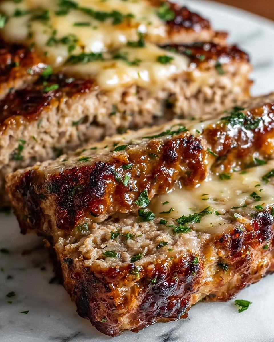A close-up of a thick rectangular piece of meatloaf that is cut in half, showing its inner light brown texture mixed with small bits of green herbs. The outside has a dark brown caramelized crust with a glossy drizzle of light beige sauce on top. Small chopped green herbs are sprinkled over the top and sides, adding contrast. The meatloaf rests on a wooden surface with a white marbled texture in the background. Photo taken with an iphone --ar 4:5 --v 7