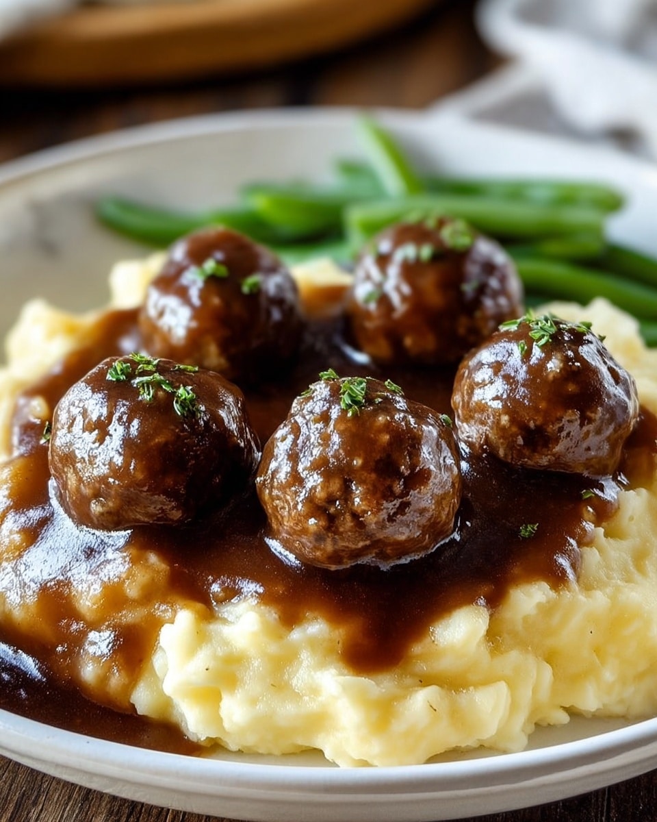 A white plate holds a dish with three layers. The bottom layer is creamy mashed potatoes, pale yellow and smooth with some texture. On top of the potatoes is a thick layer of dark brown gravy, glossy and rich in appearance. Sitting on the gravy are six round meatballs, dark brown and shiny, with a slightly textured surface and small green herb flakes sprinkled on top. In the background, blurred, are some bright green beans. The plate is set on a white marbled texture. photo taken with an iphone --ar 4:5 --v 7