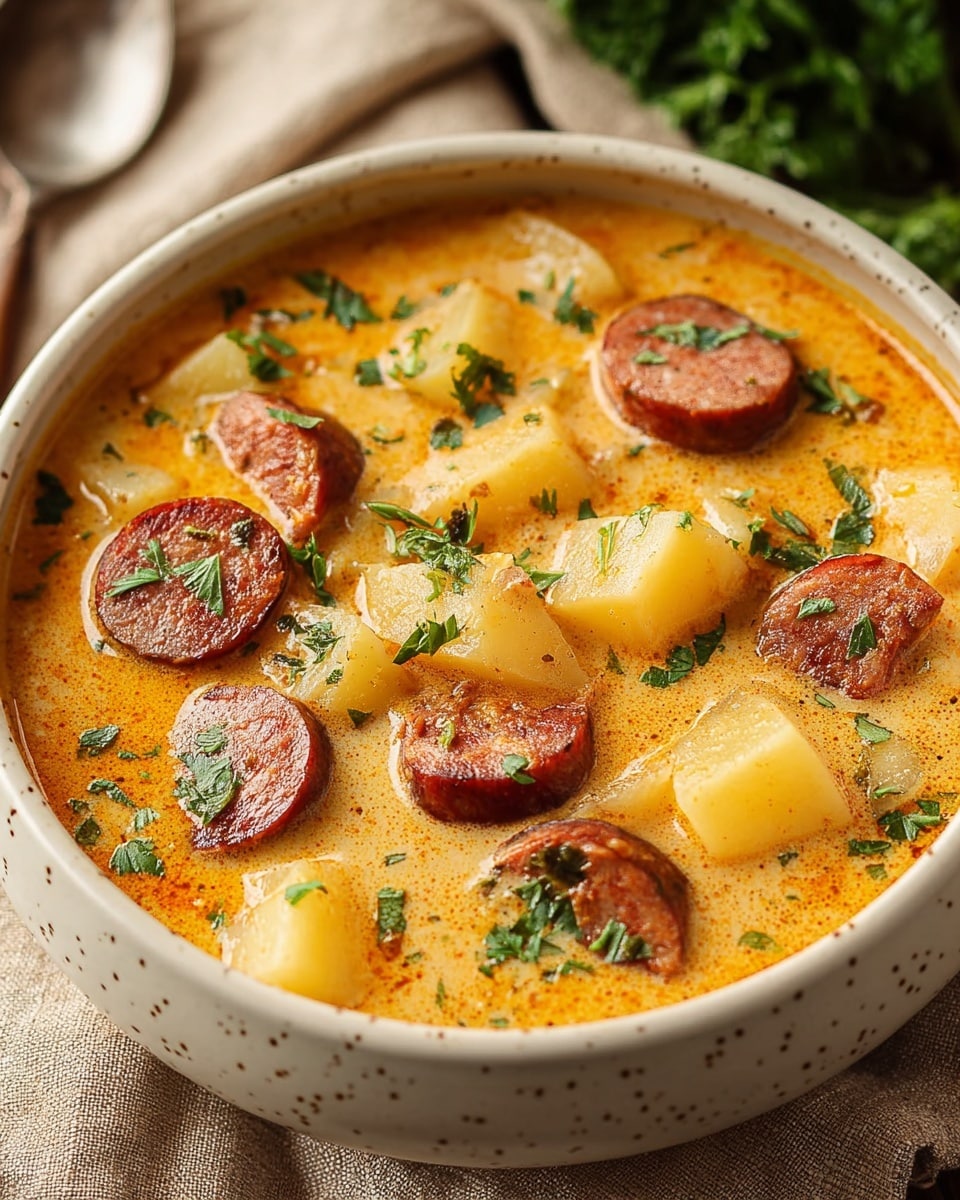 A bowl filled with a creamy orange soup made of chopped potatoes and round slices of browned sausage, both spread evenly in the bowl. The soup has small green parsley leaves sprinkled on top, adding a bright contrast to the dish. The bowl is white with small dark speckles and it sits on a beige cloth, with some green herbs blurred in the background. photo taken with an iphone --ar 4:5 --v 7