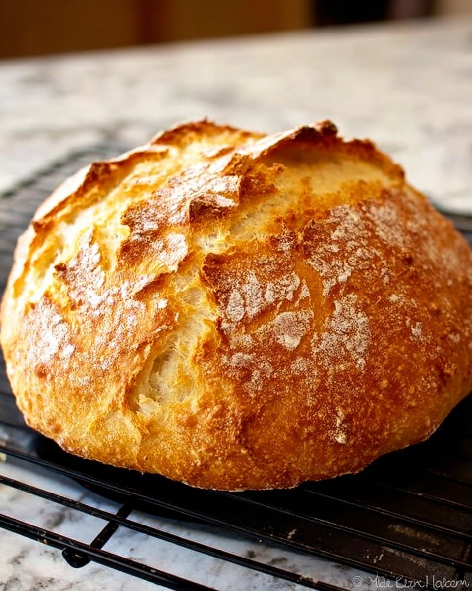 A single round loaf of bread with a thick, golden-brown crust sits on a black cooling rack. The crust is uneven, rough, and has light dusting of flour scattered on the surface. The bread looks puffy with a few deep cracks revealing softer, lighter inside. The background is a white marbled texture with a blurred kitchen stove and counter. Photo taken with an iphone --ar 4:5 --v 7