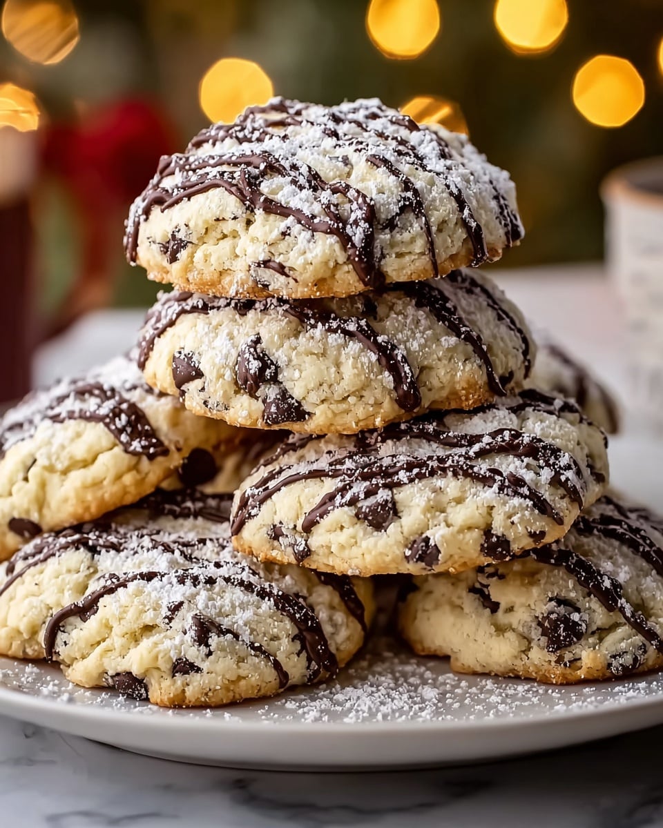 A white plate holds a stack of five thick, round cookies with a crumbly texture. Each cookie has a pale golden base filled with dark chocolate chips, and the tops are drizzled with dark chocolate in thin zigzag lines. A light dusting of powdered sugar covers the cookies, adding a snowy touch. The background features warm, blurry yellow-orange lights and soft greenery, with the plate set on a white marbled surface. photo taken with an iphone --ar 4:5 --v 7