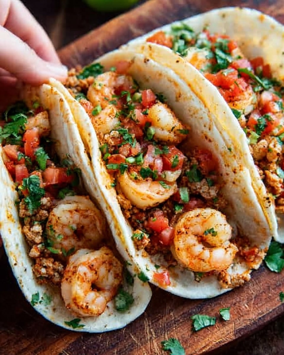 Three shrimp tacos are placed side by side on a rustic wooden board with a white marbled texture background. Each taco has three layers: the bottom layer is a soft, warm tortilla with light brown toasty spots. On top of the tortilla, there is a layer of cooked shrimp that are orange-pink with some browning from grilling, mixed with small pieces of browned sausage. The top layer features small, diced red tomatoes and green cilantro leaves, adding vibrant color and freshness. The tacos are open-faced and look juicy and flavorful, with slight steam rising. A woman's hand is reaching toward the tacos. Photo taken with an iphone --ar 4:5 --v 7