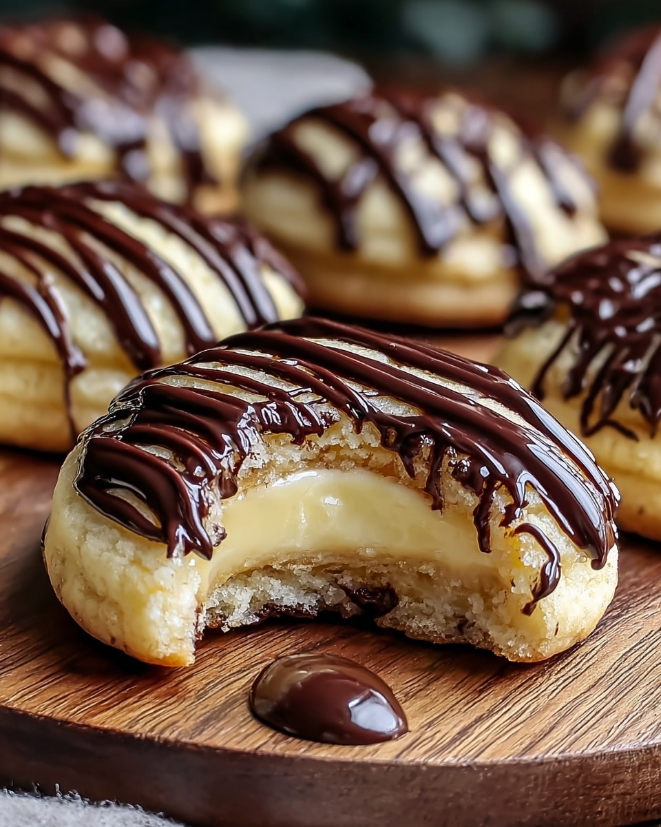 A close-up view of round cookies with three layers: the base is a light golden soft cookie with a crumbly texture, the middle layer is a smooth and creamy white filling, and the top layer features dark glossy chocolate drizzled in thick lines. One cookie is bitten in the front showing the creamy filling inside, while the others are whole in the background. All cookies rest on a wooden board, with a small drop of chocolate on the board near the bitten cookie. The background is softly blurred, and the image has warm tones. photo taken with an iphone --ar 4:5 --v 7
