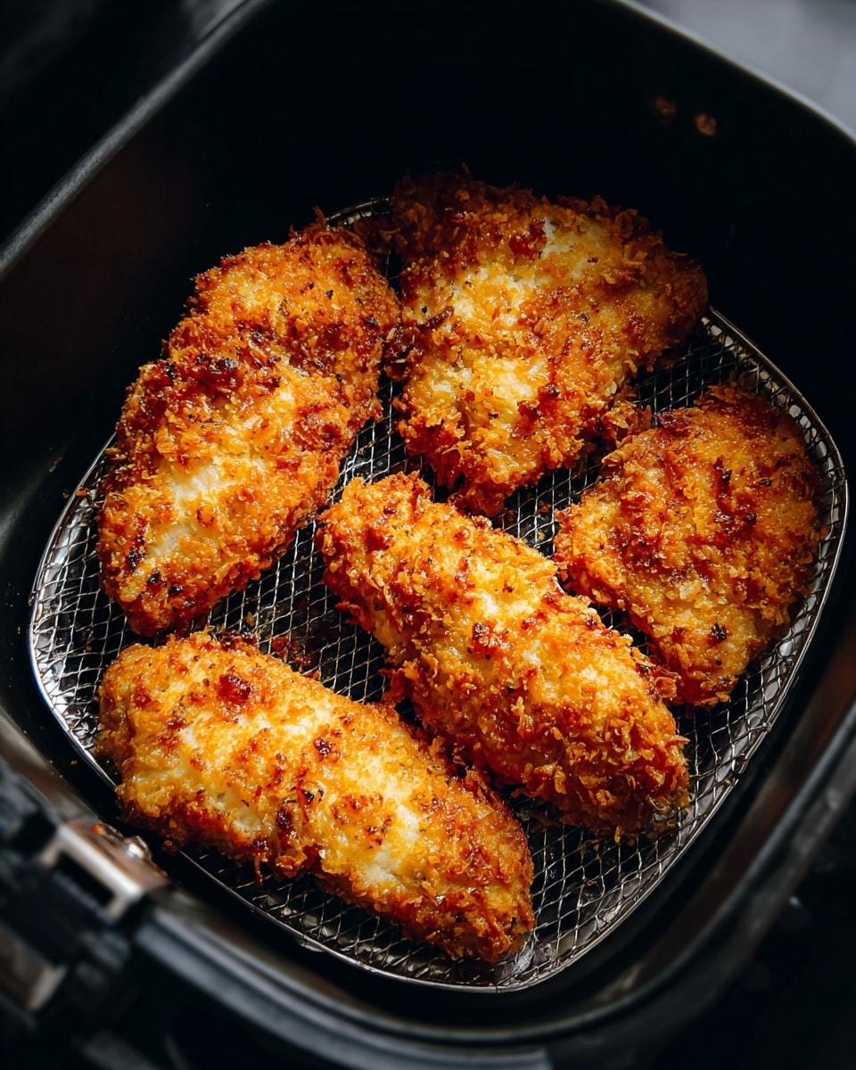 Inside a black air fryer basket, there are five pieces of crispy breaded chicken tenders spread out evenly. Each tender is golden brown with a crunchy textured coating showing small grains and bits of seasoning. The chicken pieces have slight variations in size and shape, with some edges looking crispier and darker than others. The metal rack under the chicken has a diamond pattern allowing heat to circulate. The background is a soft, out-of-focus white marbled texture, adding brightness to the scene. Photo taken with an iphone --ar 4:5 --v 7