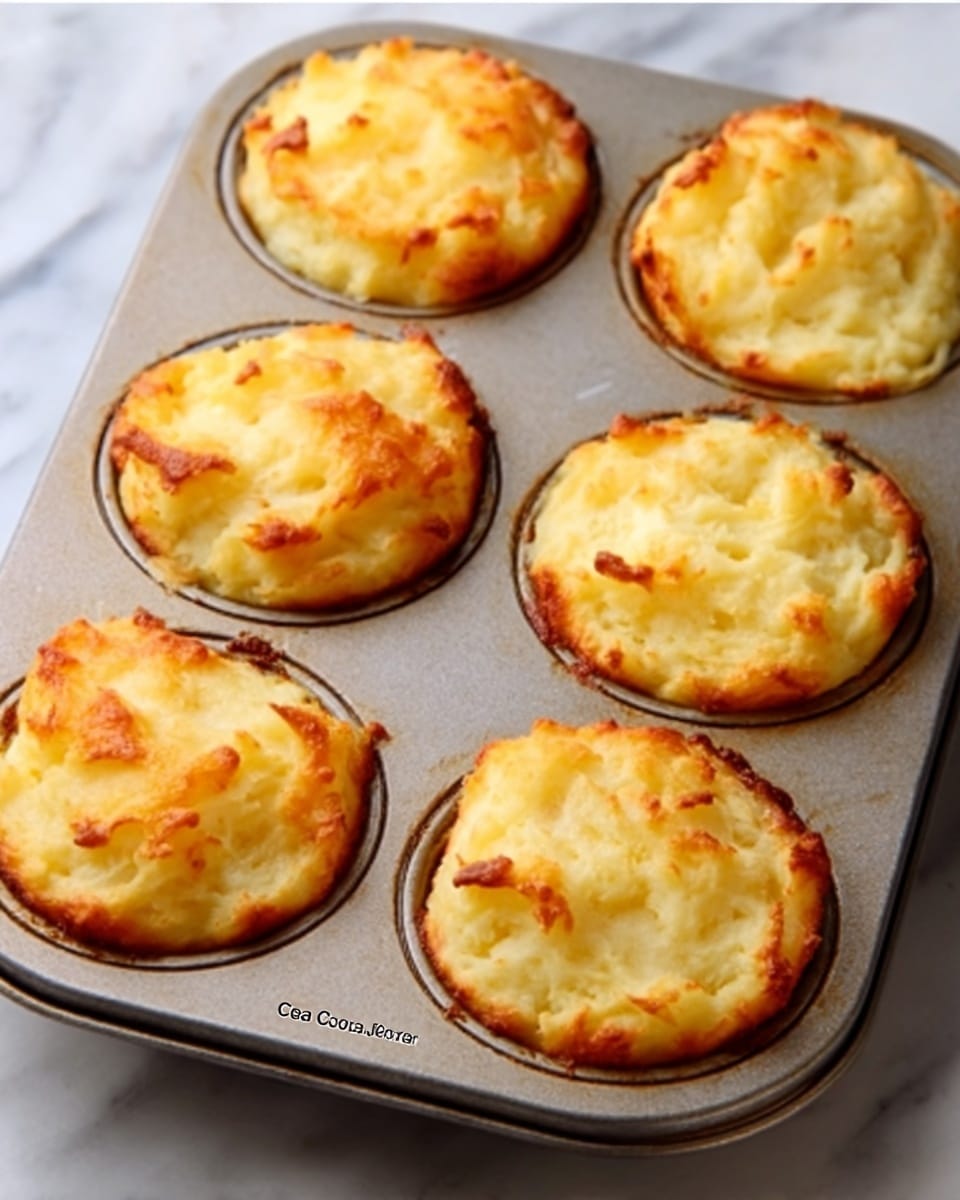 The image shows six golden-yellow mini shepherd's pies in a metal muffin tray placed on a white marbled surface. Each mini pie has a puffy, slightly browned mashed potato top layer with a light crust, showing some texture with soft peaks and a few darker golden spots. The pies fill most of their muffin cup, and the mashed potato layer looks creamy with a smooth yet slightly crispy finish at the edges. The tray appears well-used with slight dark marks around the edges of each cup. photo taken with an iphone --ar 4:5 --v 7