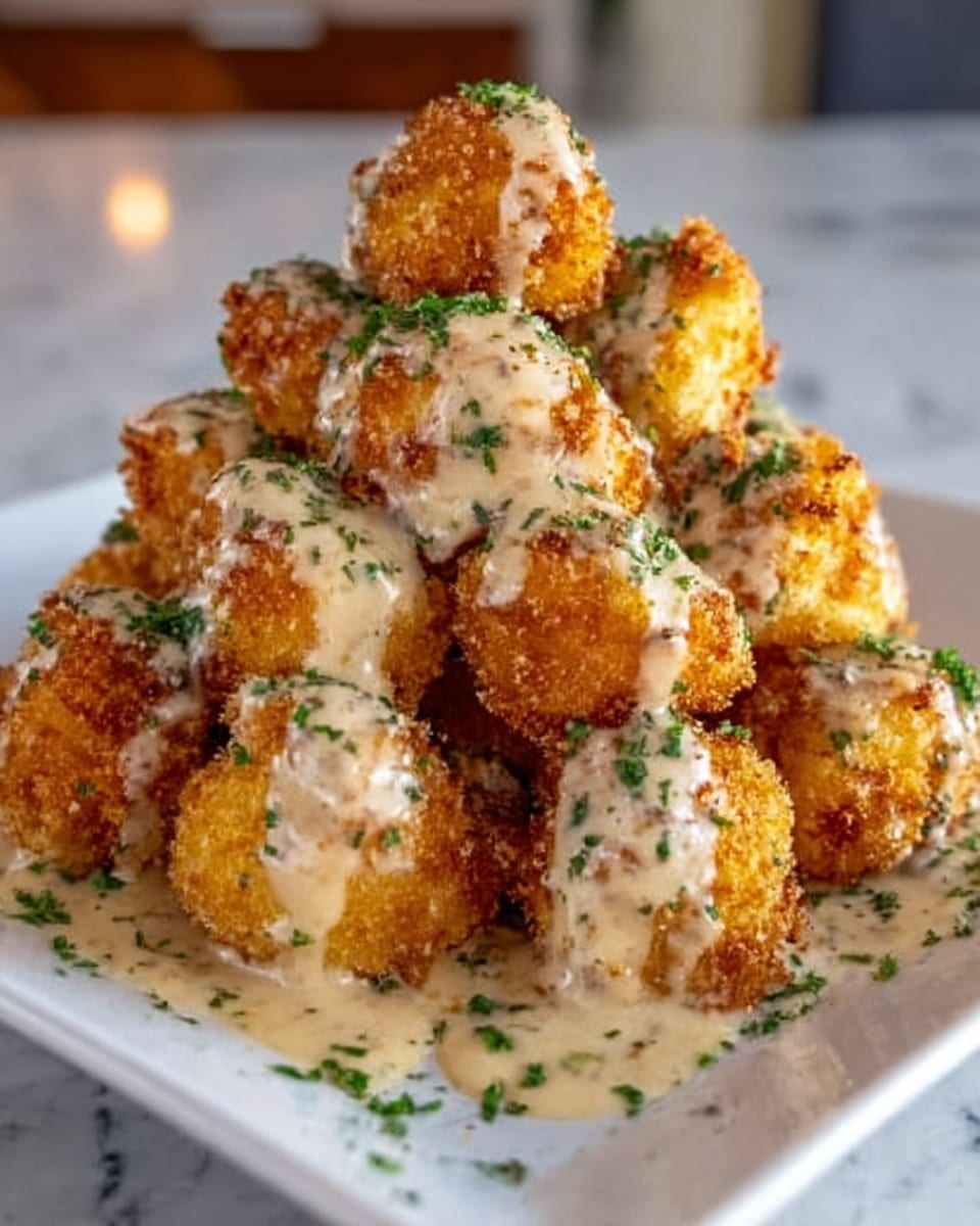 A white plate filled with about a dozen crispy golden brown cauliflower bites, each piece round and crunchy on the outside. They are layered in a pile, covered with a creamy white sauce that drips down the sides, and sprinkled with finely chopped green herbs. The plate is on a white marbled surface, and part of a woman's hand is holding the edge of the plate on the left side. photo taken with an iphone --ar 4:5 --v 7