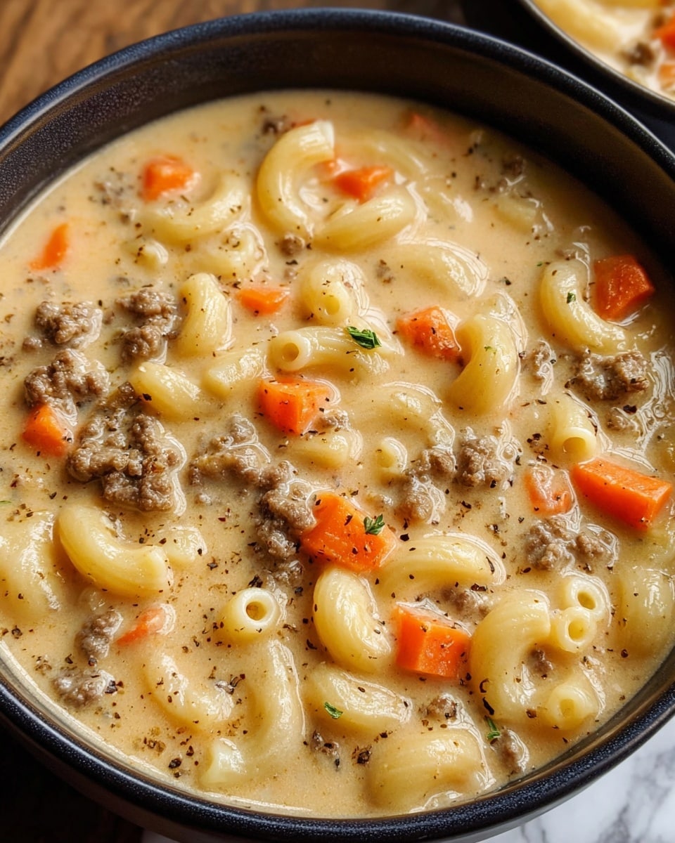 The image shows a creamy soup served in a white bowl with a dark rim. The dish has three main visible layers: small elbow macaroni pasta that is pale yellow and smooth, tender ground beef pieces that are brown and crumbly, and small diced carrot cubes that are bright orange and soft. These ingredients float in a thick, creamy, beige-colored broth with a slightly speckled texture from black pepper. The bowl sits on a white marbled surface. Photo taken with an iphone --ar 4:5 --v 7