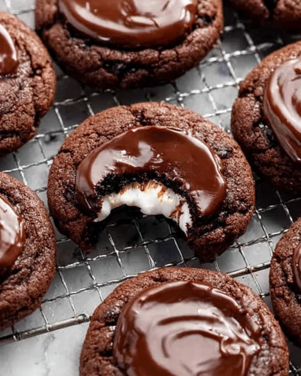 The image shows several thick, round chocolate cookies on a cooling rack over a white marbled surface. Each cookie is topped with a smooth, glossy layer of melted chocolate spread evenly over the top, giving a shiny, rich look. One cookie in the center has a bite taken out, revealing a gooey white marshmallow layer inside, surrounded by dark, soft chocolate dough with a slightly cracked texture around the edges. The cookies have a dark brown color with a soft and chewy appearance. Photo taken with an iphone --ar 4:5 --v 7