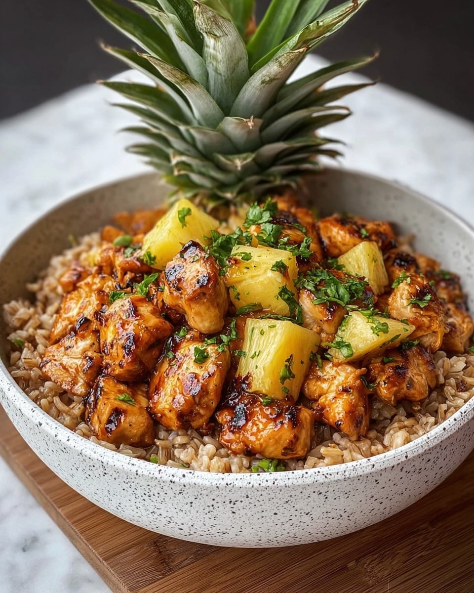 A white bowl filled with a base layer of brown fried rice, showing individual grains with a slightly oily texture. On top, there are golden-brown grilled chicken chunks coated with a shiny glaze and slight char marks. Mixed with the chicken pieces are bright yellow pineapple chunks that look juicy and fresh. The dish is garnished with chopped green herbs scattered over the top. Behind the food, a slice of fresh pineapple with its green leaves is placed upright. The background surface is a white marbled texture. photo taken with an iphone --ar 4:5 --v 7