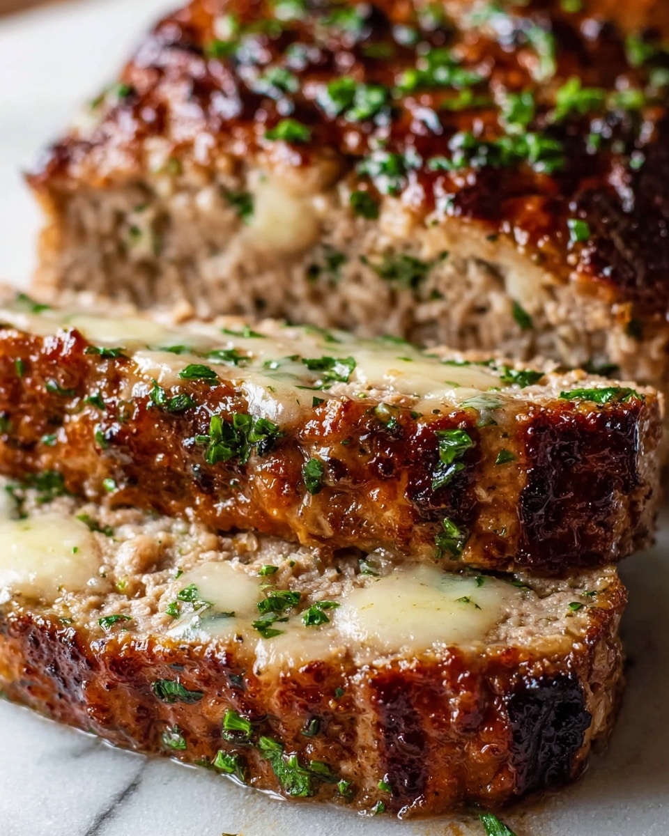 A close-up of a thick, square meatloaf slice with visible layers showing a juicy, tender inside mixed with small bits of green herbs. The top layer is golden brown and slightly crispy, drizzled with a light tan sauce and sprinkled with fresh chopped green parsley. One part of the meatloaf is cut and slightly pulled out to reveal the soft, moist texture inside. The meatloaf rests on a wooden board with a blurred background of a white marbled texture. Photo taken with an iphone --ar 4:5 --v 7