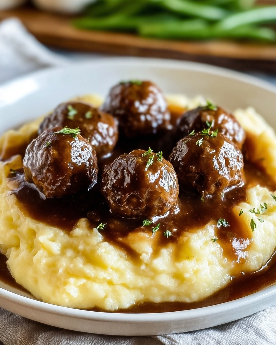 A white plate holds a serving of creamy mashed potatoes forming the base layer, soft and pale yellow with a slightly lumpy texture. On top, there are six shiny brown meatballs covered in a thick, glossy brown gravy, which drips down onto the mashed potatoes. Small green herb bits are sprinkled on the meatballs, adding a touch of color. In the background on the plate, there is a blurred portion of bright green beans. The plate sits on a white marbled surface, and soft natural light highlights the moist textures of the food. Photo taken with an iphone --ar 4:5 --v 7