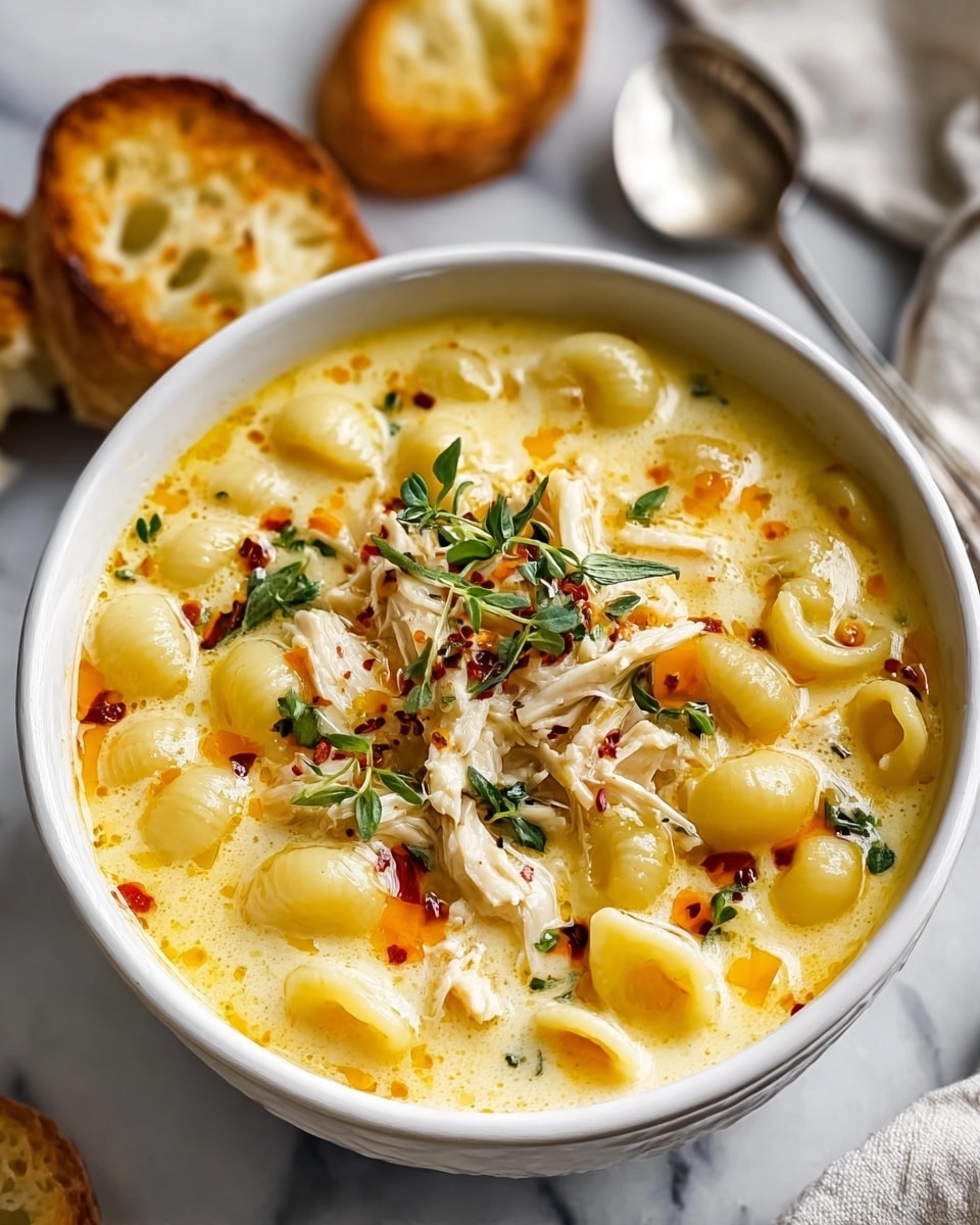 A white bowl filled with creamy soup shows at least three layers: the base is pale yellow and smooth, the second layer has light golden mac and cheese pieces with a soft texture, and the top layer has shredded white chicken meat garnished with small green herb leaves and a few red pepper flakes. There is a sprig of fresh thyme lying across the top, adding color and detail. The bowl sits on a white marbled surface, with toasted bread slices and two silver spoons blurred out behind it. The lighting highlights the warm, rich colors of the dish. photo taken with an iphone --ar 4:5 --v 7