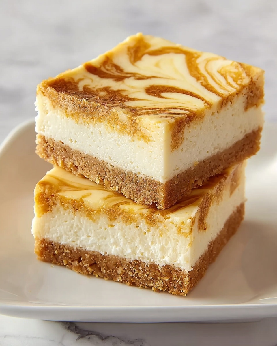 The image shows two square cheesecake bars stacked on a white plate with a white marbled background. Each bar has three layers: the bottom layer is a firm, crumbly brown crust; the middle layer is thick and creamy white cheesecake filling; the top layer features a golden-brown swirled pattern mixed with the cheesecake, creating a marbled effect. The focus is on the smooth and dense texture of the cheesecake with the marbled top clearly visible and the crust providing a rough contrast at the bottom. photo taken with an iphone --ar 4:5 --v 7