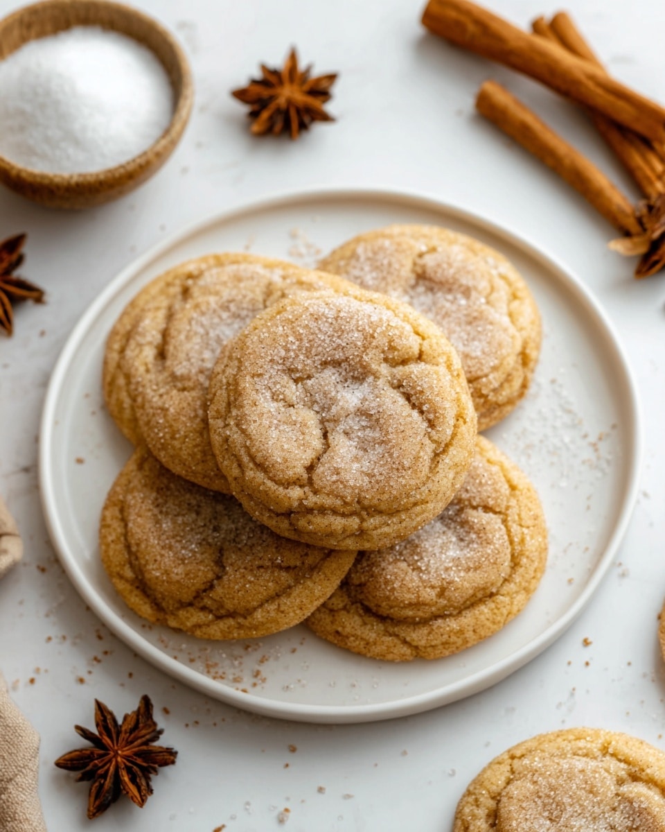 A close-up view of six soft brown cookies with a slightly cracked surface, arranged in a small pile on a white marbled texture. The cookies have a rough, sugar-dusted texture that shines gently in the light. To the left, a white bowl contains several more stacked cookies, while two cinnamon sticks are placed diagonally nearby. Small star-shaped spice pieces rest on the surface next to the cookies, and a white bowl filled with white sugar sits in the background on the right side. photo taken with an iphone --ar 4:5 --v 7