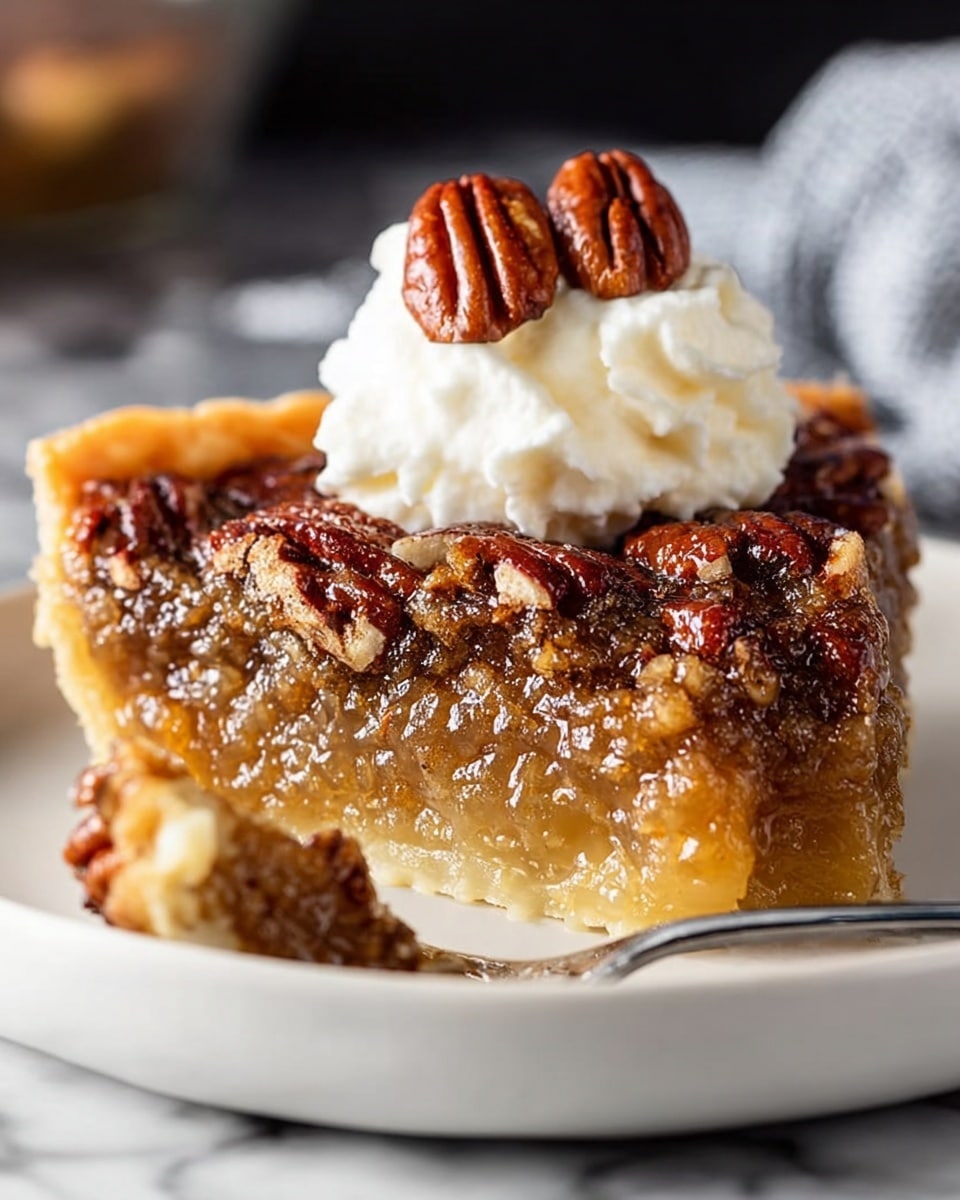 A slice of pecan pie is shown on a white plate with a shiny, sticky, dark brown top layer full of pecan pieces, slightly glossy from the sugary syrup. Below is a thick, soft, golden beige crust layer with a moist texture. On top of the pie slice is a dollop of creamy, off-white whipped topping, garnished with two whole glossy pecans. A silver fork rests on the plate beside the pie, and the background shows a blurred white marbled texture. photo taken with an iphone --ar 4:5 --v 7