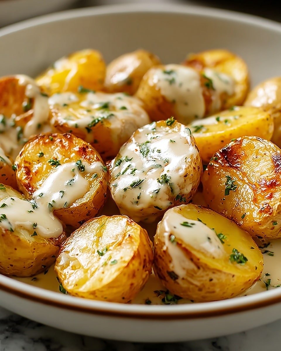 A close-up view of small round potatoes cut in half, arranged in a white bowl. Each potato half has a golden-brown skin and is topped with creamy melted cheese that has a slightly browned, bubbly texture. The potatoes are garnished with small green herb pieces evenly scattered over the cheese. The overall look is warm and glossy with a mix of light brown, creamy white, and fresh green spots. The bowl sits on a white marbled textured surface. photo taken with an iphone --ar 4:5 --v 7