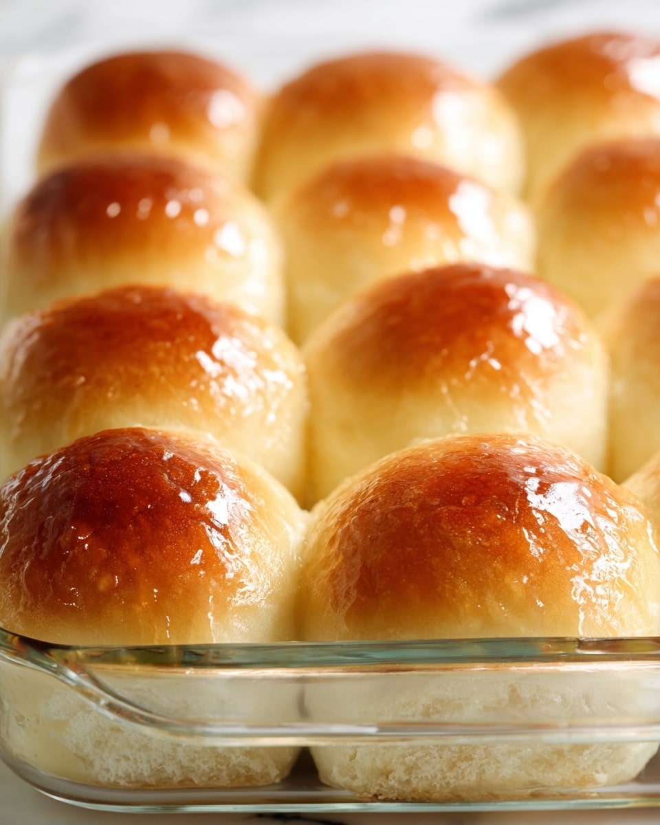 Eight golden-brown dinner rolls sit closely packed in a clear glass baking dish, each roll topped with a shiny, slightly sticky glaze that catches the light. The rolls have a soft, smooth texture with a light crust, and their tops are evenly rounded and plump. The baking dish rests on a white marbled surface, adding a clean and simple background to enhance the warm, inviting look of the bread. photo taken with an iphone --ar 4:5 --v 7