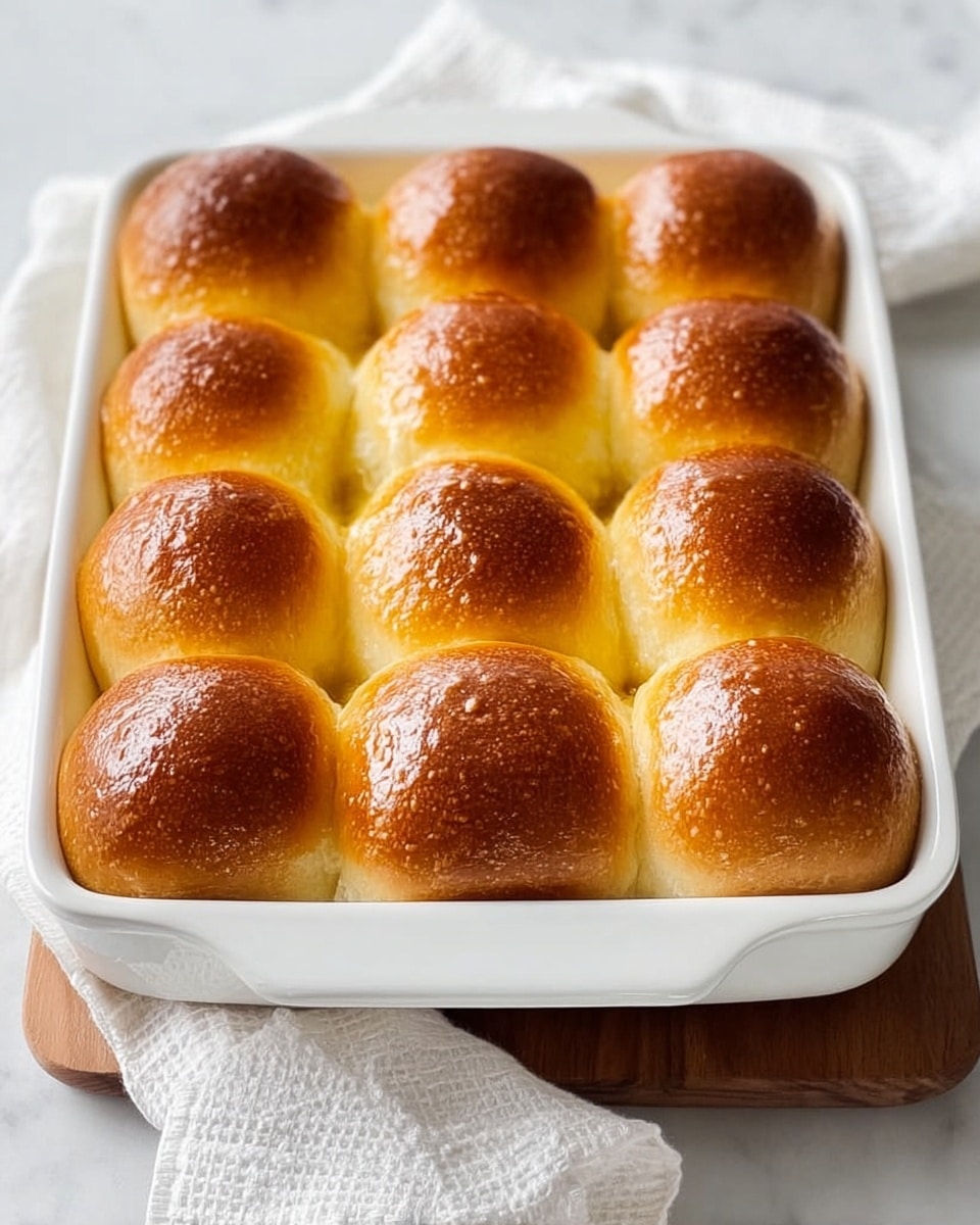 A white rectangular baking dish holds 12 soft dinner rolls arranged in a 3 by 4 grid. The rolls have a shiny, golden-brown top with a slightly darker browning at the edges, while their sides are pale yellow and fluffy. The dish sits on a white cloth over a wooden board, all placed on a white marbled surface. photo taken with an iphone --ar 4:5 --v 7