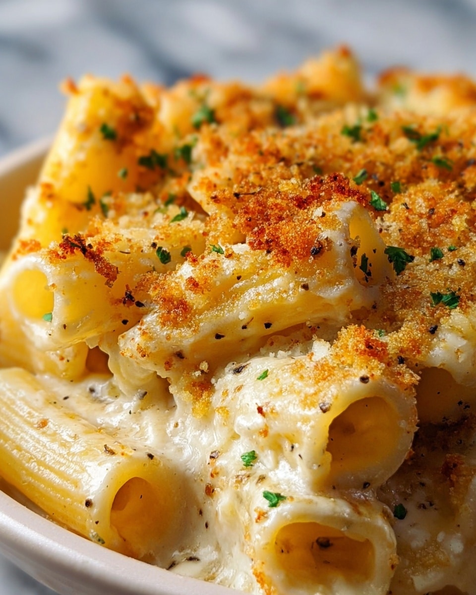 This close-up image shows a creamy pasta dish with rigatoni pasta tubes covered in a thick white cheese sauce. The pasta is topped with golden-brown toasted breadcrumbs sprinkled over the surface, adding texture, with small bits of chopped green parsley scattered for color contrast. The rigatoni pasta tubes, each with ribbed texture, sit snugly together, partially submerged in the smooth sauce. The dish is in a white bowl, and the background is a white marbled texture. photo taken with an iphone --ar 4:5 --v 7