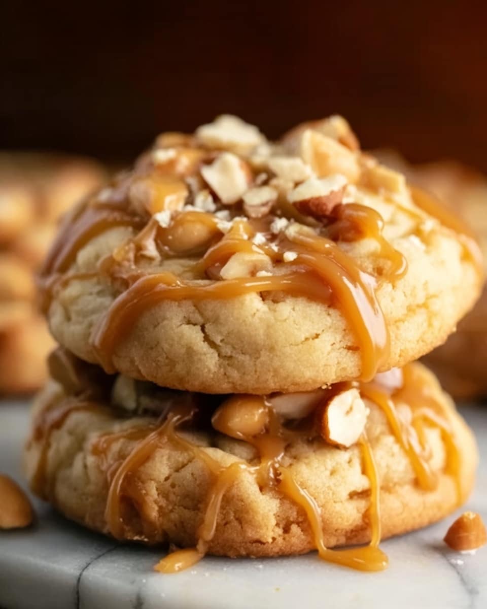 The image shows a stack of three thick cookies, each with a light golden color and soft, slightly crumbly texture. The cookies are topped with small broken pieces of white chocolate and drizzled with a smooth, shiny caramel sauce that glistens under the light. The stack sits on a light, blurred white marbled surface that contrasts softly with the warm tones of the cookies. The close-up view focuses on the details of the cookie surface, the creamy caramel drizzle, and the white chocolate bits scattered on top. Photo taken with an iphone --ar 4:5 --v 7