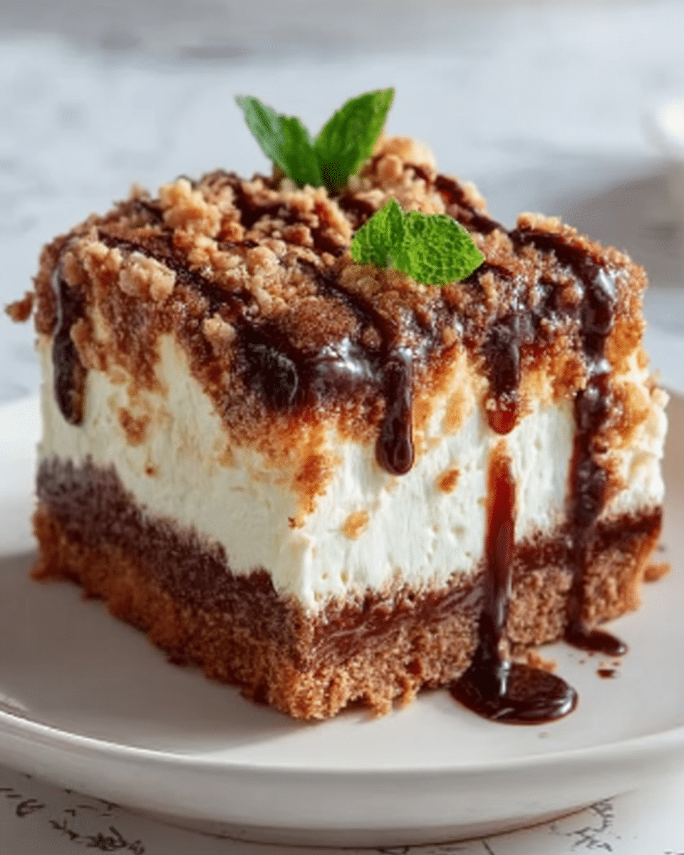 A square piece of dessert with three clear layers sits on a white plate over a white marbled surface. The bottom layer is dark brown and looks crumbly like a dense cookie or cake crust. The middle layer is thick, creamy, and white, appearing smooth and soft. The top layer is golden brown with a crumbly texture and is generously drizzled with dark chocolate sauce that flows down the sides. A small green mint leaf decorates the top center, adding a touch of color. Photo taken with an iphone --ar 4:5 --v 7