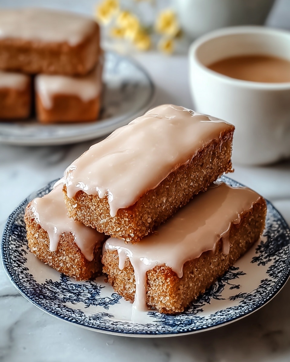 The image shows four rectangular cake bars stacked on a white plate with blue floral patterns. Each cake bar features a thick golden-brown base layer with a crumbly texture and a smooth, creamy white icing layer on top. The icing appears glossy and slightly drips down the sides, covering the entire top surface of each bar. In the background, more cake bars are stacked on another white plate, slightly out of focus, along with a white cup filled with a light brown drink, all placed on a white marbled surface. photo taken with an iphone --ar 4:5 --v 7