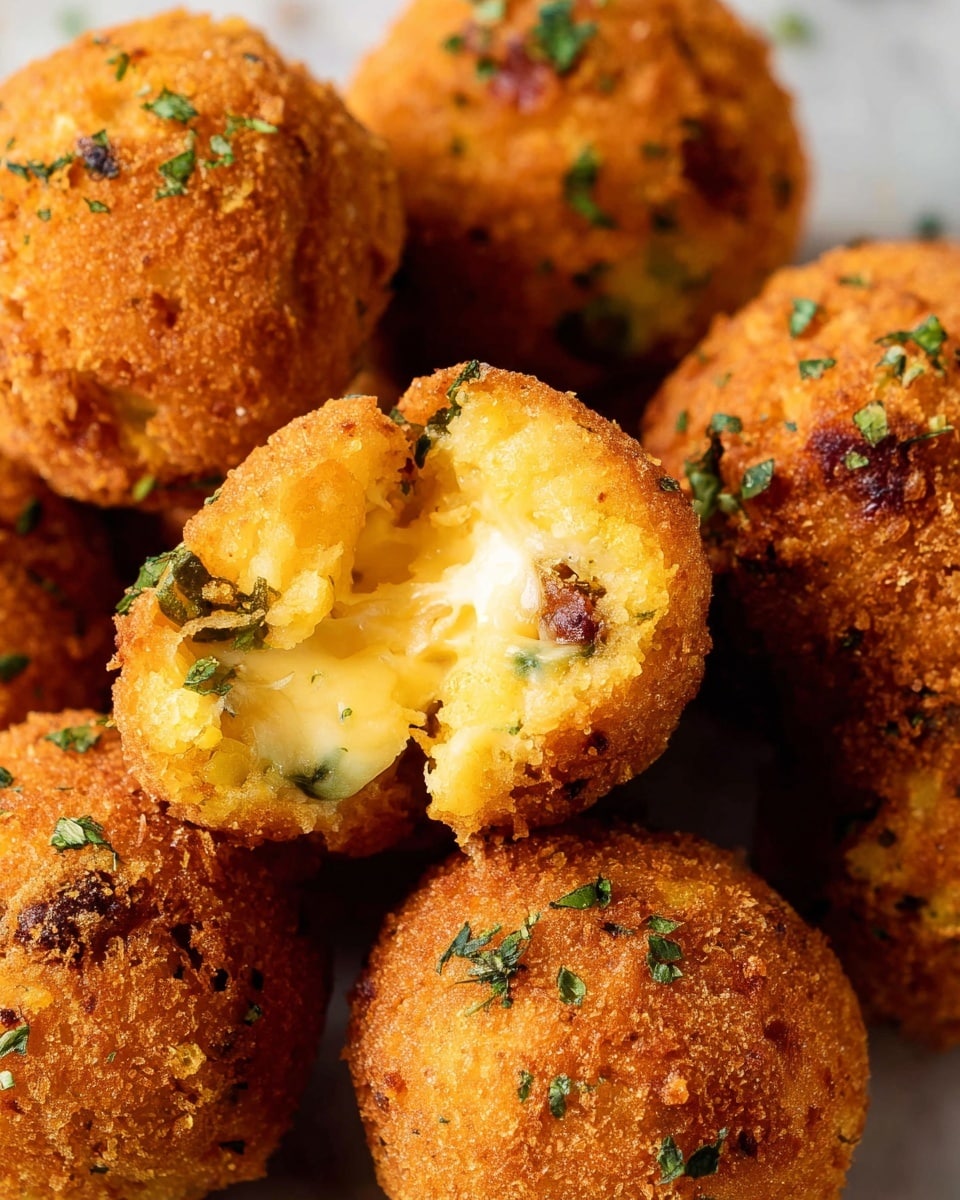 The image shows several round croquettes with a rough, golden-brown, crispy breadcrumb coating. One croquette is broken open, revealing a creamy, melted yellow cheese center mixed with small bits of green herbs and red spices. The croquettes are close together, highlighting their round shape and crunchy texture. Some small green herb pieces are sprinkled on top of the croquettes. The background is a white marbled texture. photo taken with an iphone --ar 4:5 --v 7