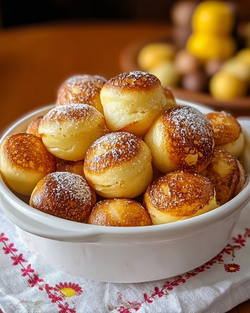 A white round dish filled with about a dozen small round pancake balls that are golden brown on top with some light brown spots and slightly crispy edges. The pancake balls are stacked closely together, some showing a fluffy texture on the sides and a soft golden yellow color underneath the browned tops. A light dusting of powdered sugar is sprinkled unevenly over the pancake balls, adding a fine white contrast to the warm tones. The dish is placed on a wooden table with part of a white cloth showing a red and yellow pattern on one side. Photo taken with an iphone --ar 4:5 --v 7